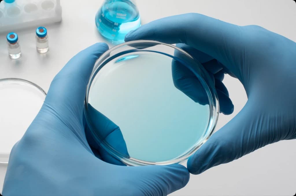 Laboratory professional holding a petri dish with blue liquid